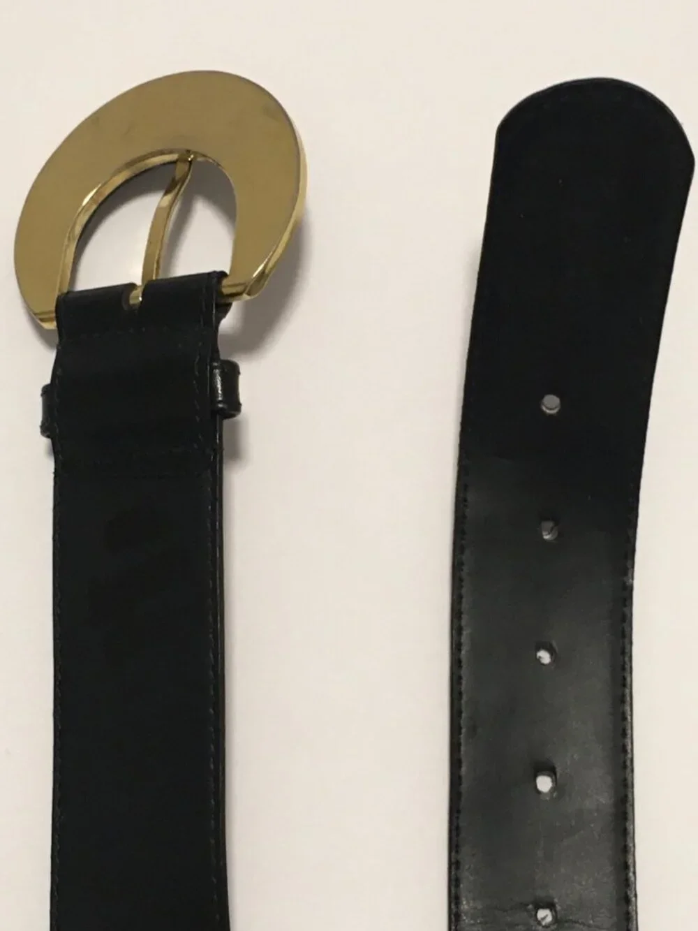 Vintage Liz Claiborne Black Leather Belt Fullgrain Semi Aniline Gold Tone Sz L